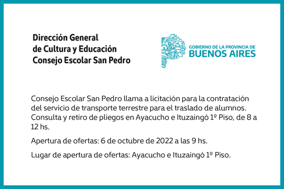 [Publicación Oficial] Consejo Escolar San Pedro: licitación para contratación de transporte terrestre