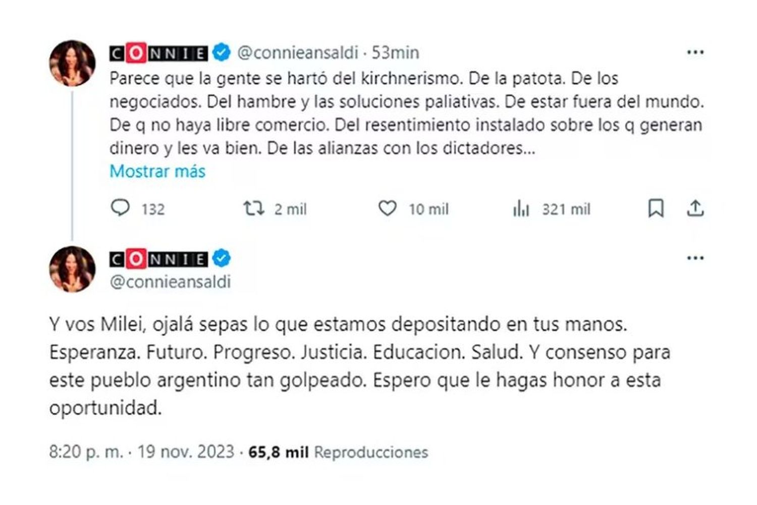 El comentario de Connie Ansaldi en X (ex Twitter)