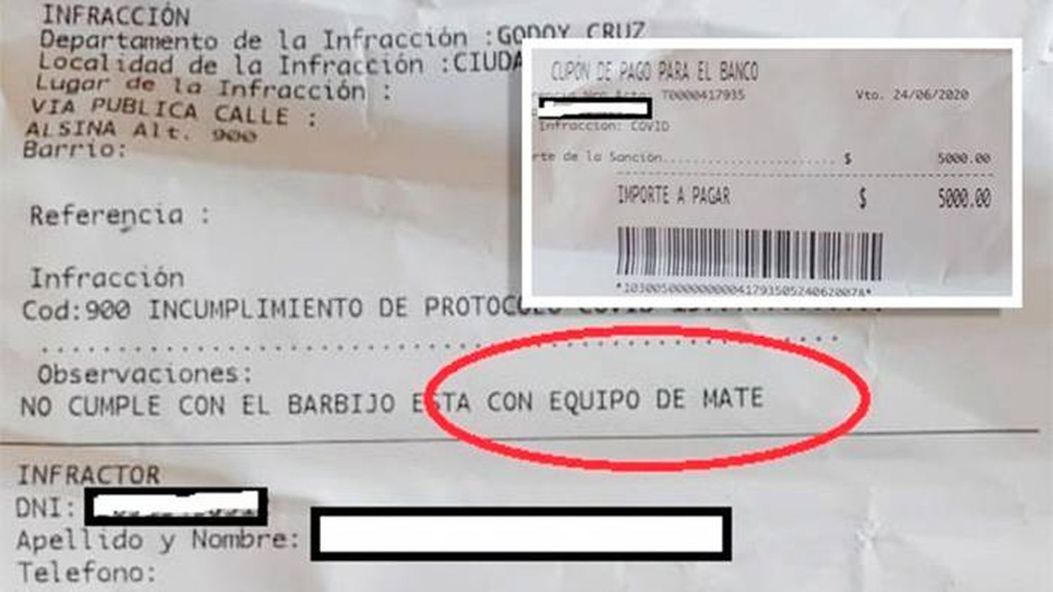 Lo multan con 5.000 pesos  por estar sin tapabocas y  con mate en un parque