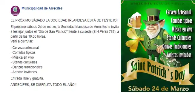 Polémico: Municipalidad de Arrecifes llama a festejar el Día de San Patricio en el Día de la Memoria