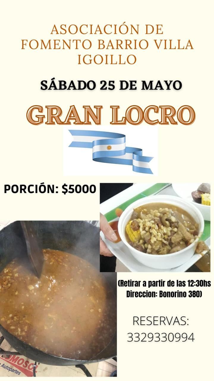 El 25 de Mayo habrá locro en el barrio y los fondos serán destinados al mantenimiento de la sede de la comisión de fomento.