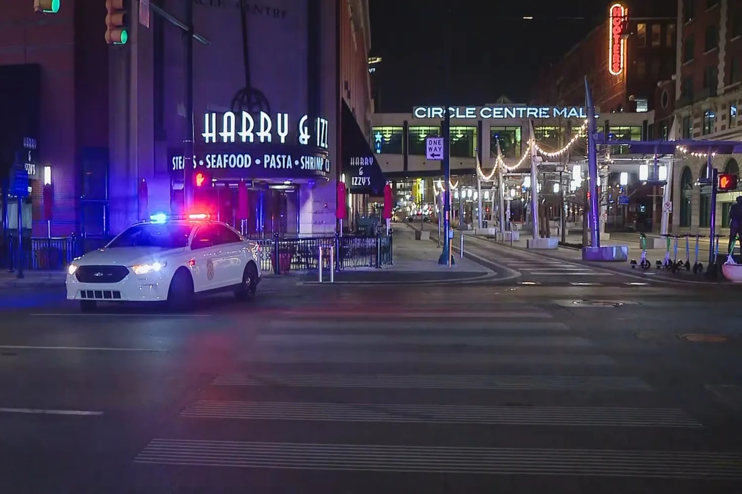 Police on the scene after a shooting outside Circle Centre Mall in Indianapolis on Saturday night.