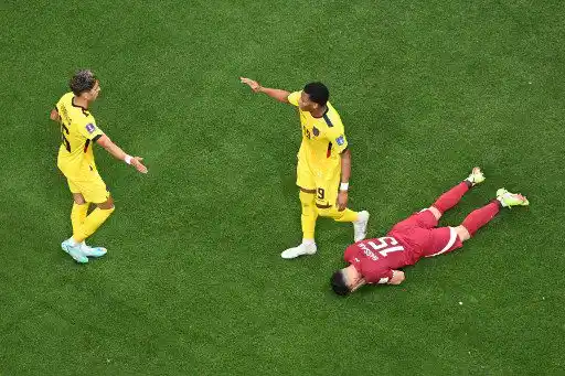 El defensor de Qatar #15 Bassam Al Rawi reacciona mientras los mediocampistas de Ecuador #19 Gonzalo Plata y #16 Jeremy Sarmiento celebran al final del partido de fútbol del Grupo A de la Copa Mundial de Qatar 2022 entre Qatar y Ecuador en el Estadio Al-Bayt en Al Khor, al norte de Doha