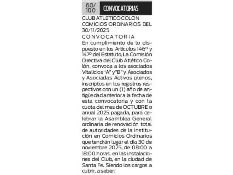 CONVOCATORIA A ELECCIONES  COLON