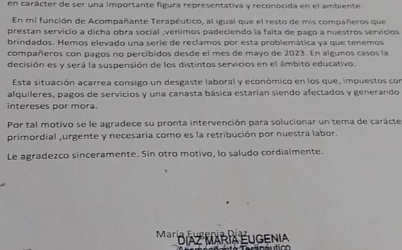 Piden a Salazar que interceda por pagos de Osprera a acompañantes terapéuticos