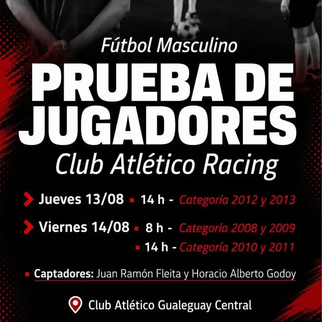 Racing Club realizará pruebas de jugadores en Gualeguay para captar nuevos talentos