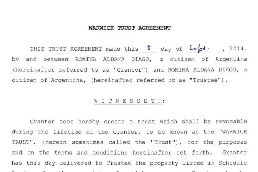 Warwick Trust es un fideocomiso de Florida creado por la esposa de Ritondo en septiembre de 2014 para administrar bienes de la propia Diago en el exterior. ICIJ/elDiarioAR.