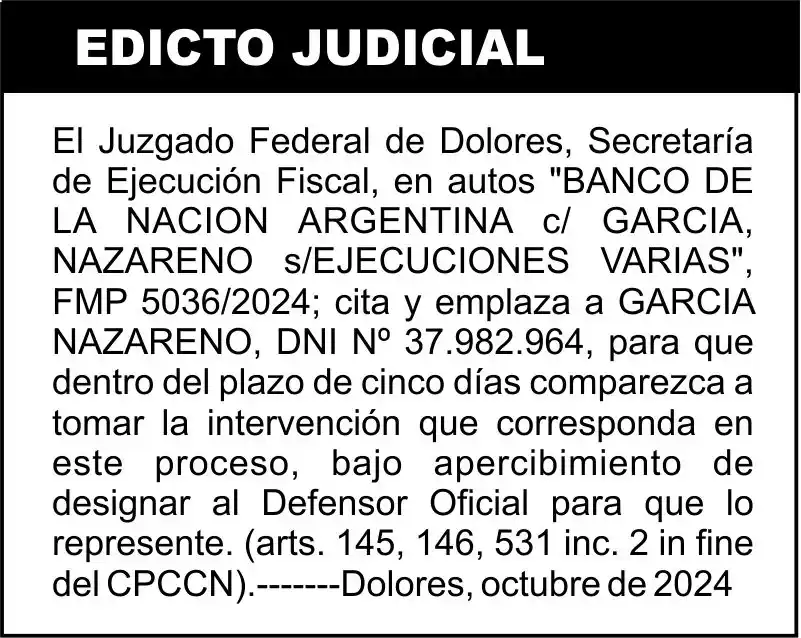 “BANCO DE LA NACION ARGENTINA c/ GARCIA, NAZARENO s/EJECUCIONES VARIAS”, FMP 5036/2024