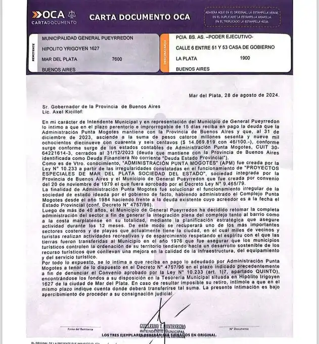 La carta documento fue publicada por Montenegro en sus redes sociales.