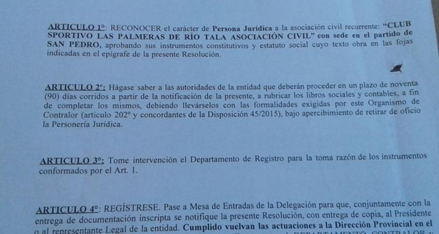 Las Palmeras tiene personería jurídica