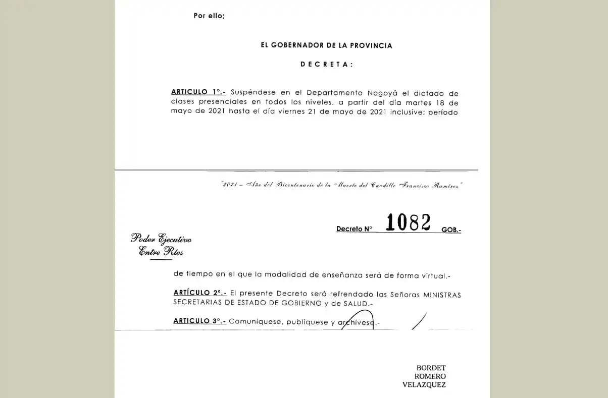 Se suspenden desde hoy las clases presenciales en el Departamento Nogoyá