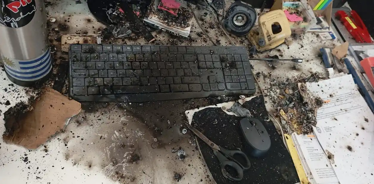 Así quedó el escritorio donde se detonó el paquete enviado al presidente de la Sociedad Rural.