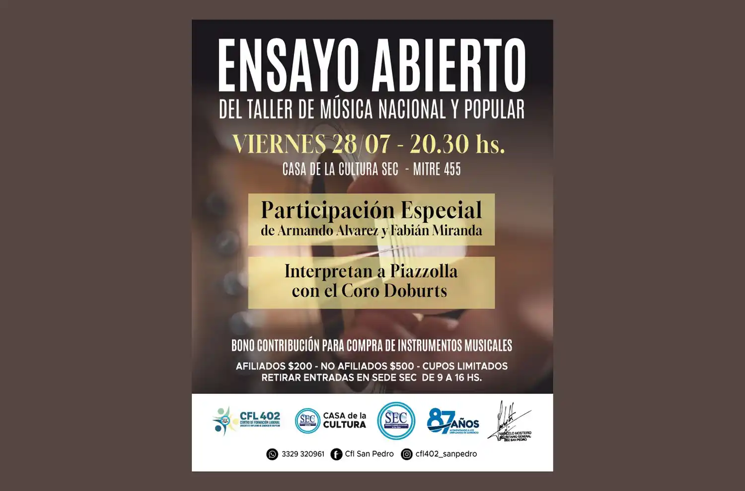 Taller de Música Popular y Nacional del SEC  interpreta a Astor Piazzolla en ensayo abierto al público