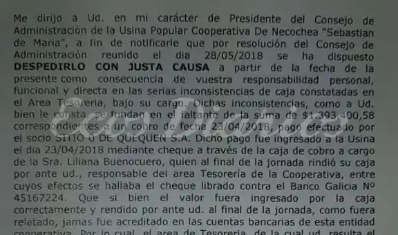 La Usina le envió la CD a Medina notificándole su despido