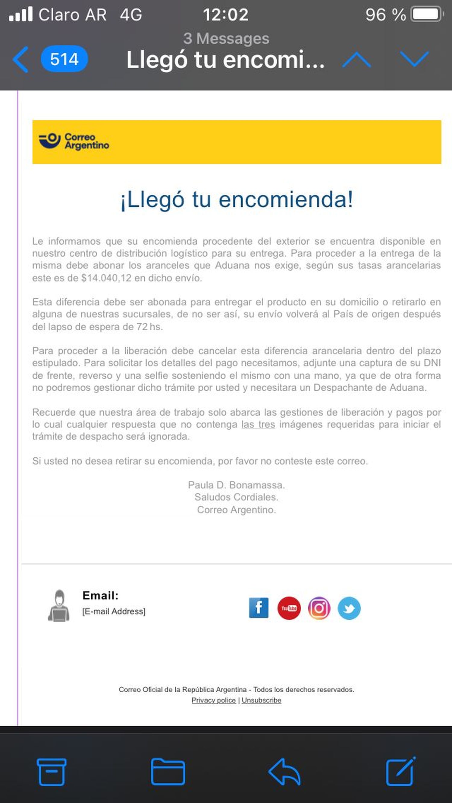 Estafan simulando ser de Correo Argentino, un tandilense se dio cuenta a tiempo y compartió el alerta