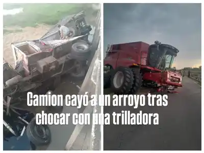 Gualeguay: violento choque entre un camión y una cosechadora en Ruta 11 dejó un camión caído al arroyo
