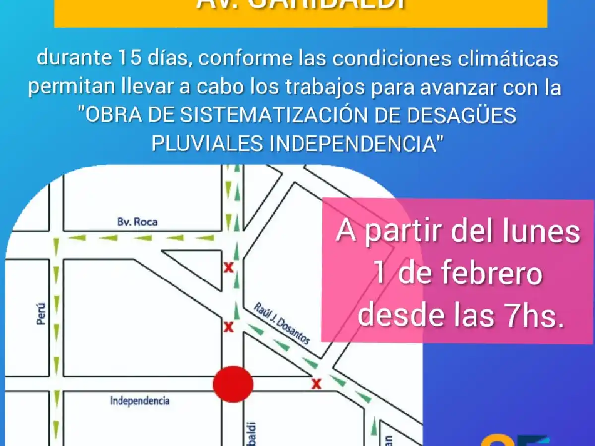 Desde hoy está cortada por obras  Garibaldi esquina Independencia