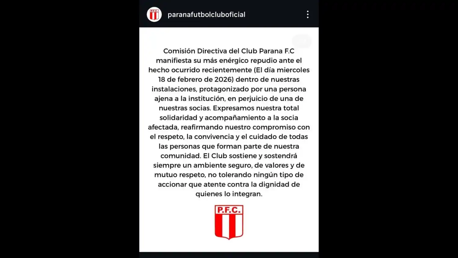 El comunicado de Paraná F.C. donde repudia los hechos acaecidos el pasado 18 de febrero.