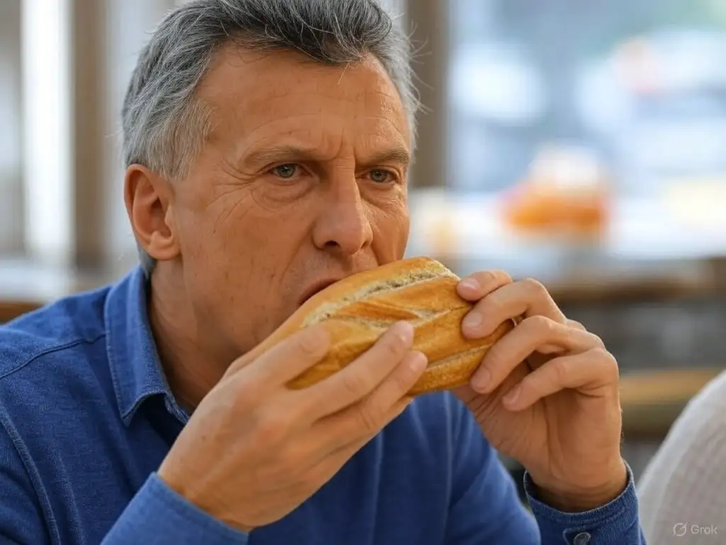 Mauricio Macri comiendo su pan con la boca abierta.