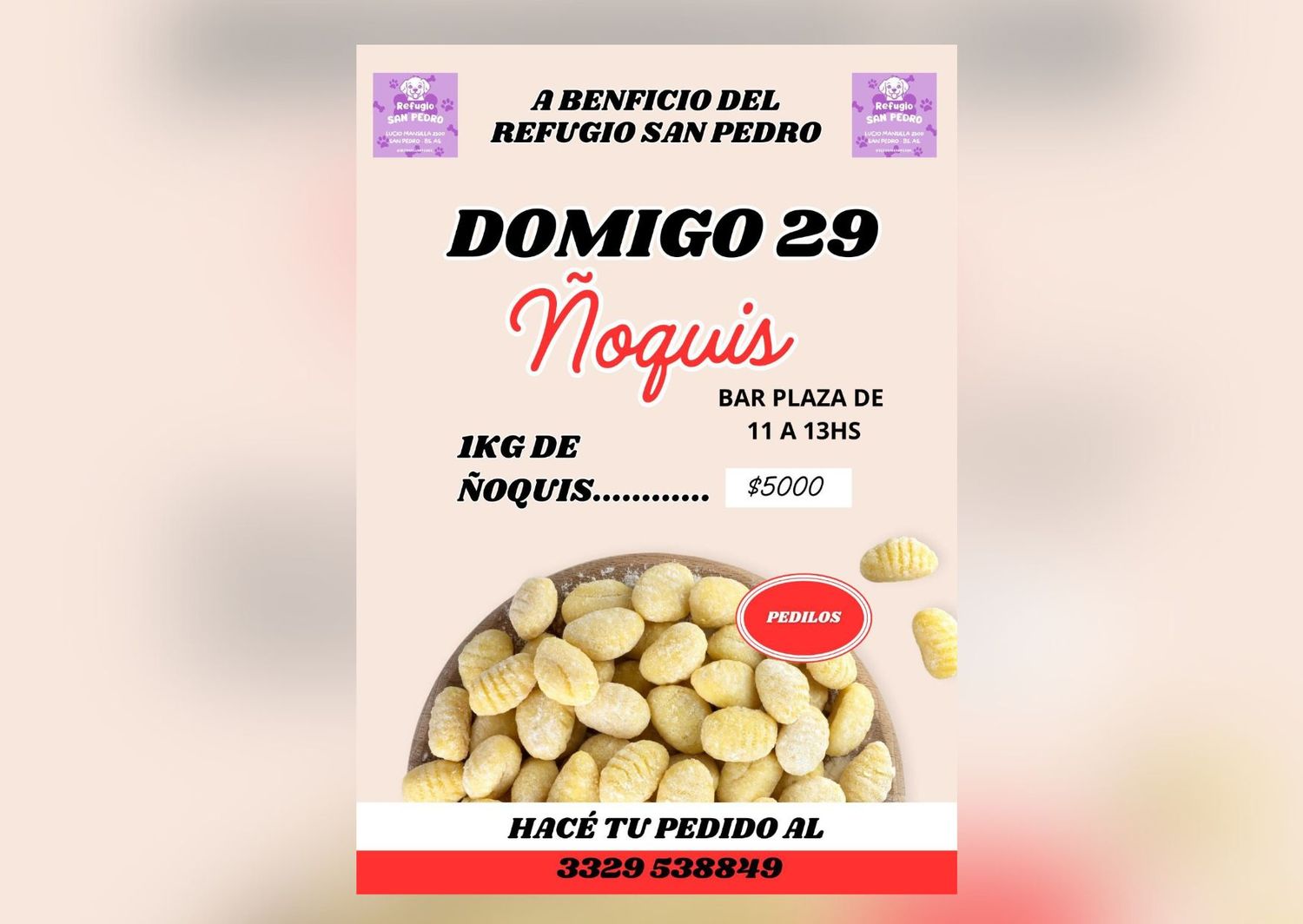 Domingo 29: venta de ñoquis a beneficio del Refugio San Pedro