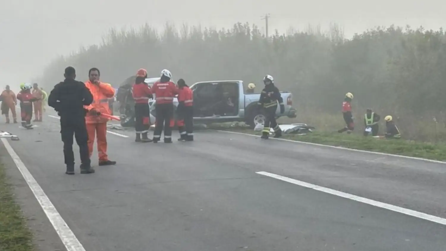 Personal médico, policías y bomberos trabajando en el lugar del accidente.