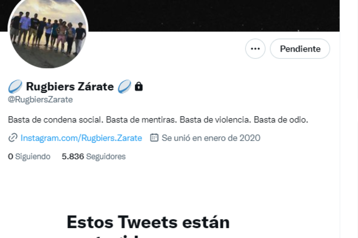 En la cuenta de Twitter @RugbiersZarate se puede observar que la misma está en privada