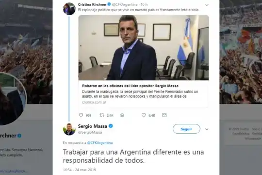 Robo a las oficinas: sorpresivo intercambio en Twitter entre Cristina y Massa