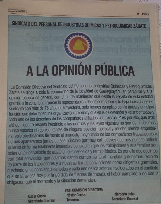 La solicitada publicada por el sindicato el último sábado 