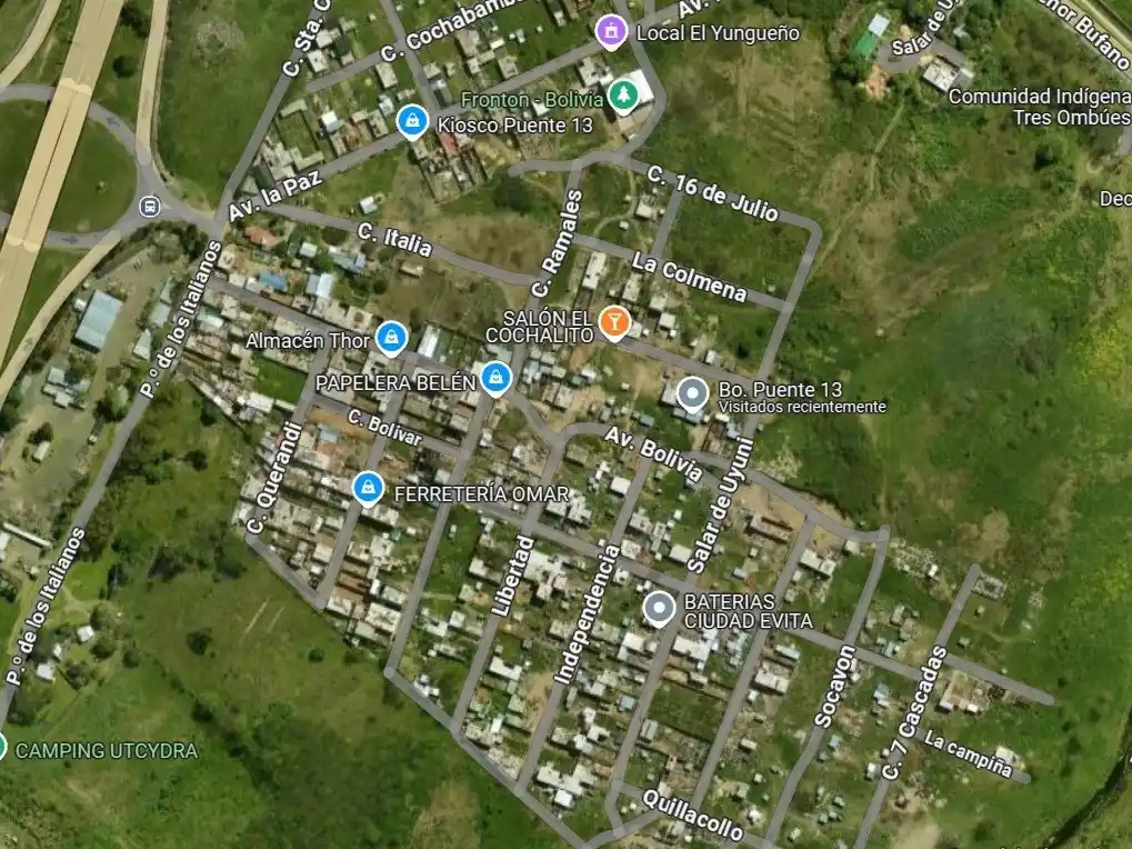 Tierra tomada. Imagen satelital del Barrio Puente 13, en 2025.