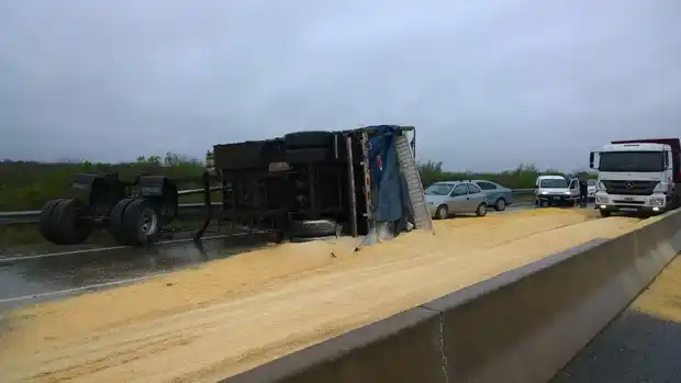 Ruta 14: Se desprendió el semi y volcó todo el maíz molido