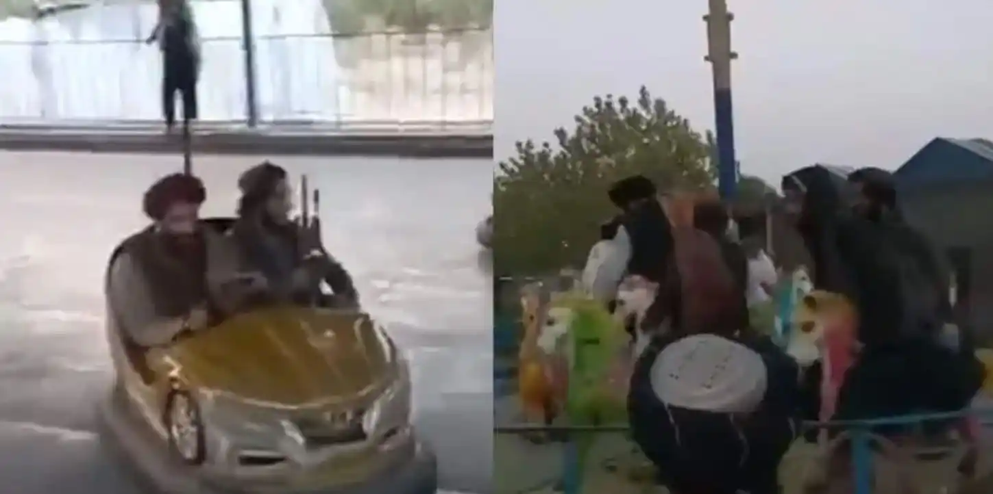 Las insólitas imágenes de los talibanes en los autitos chocadores y la calesita