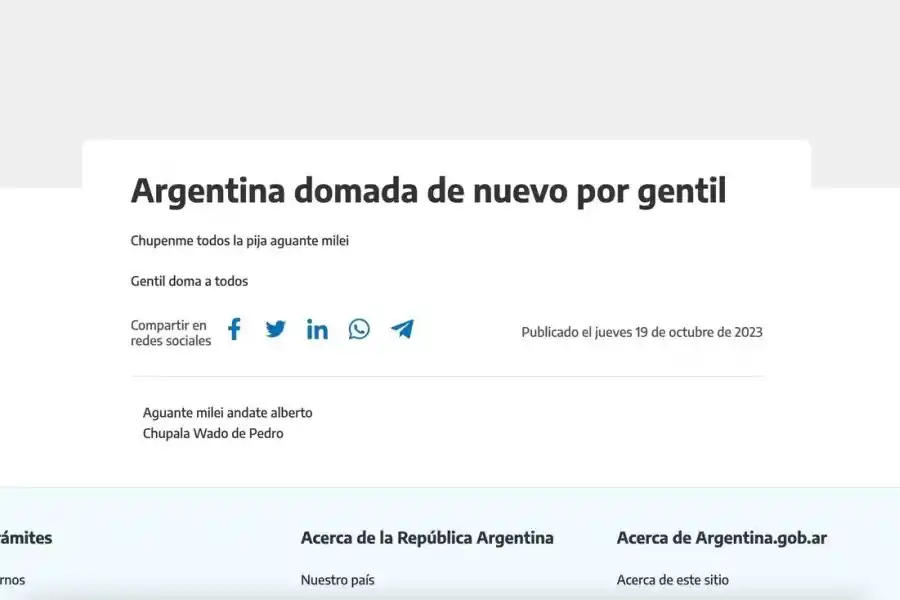 “Aguante Milei andate Alberto”: hackearon la web de argentina.gob.ar y dejaron un mensaje