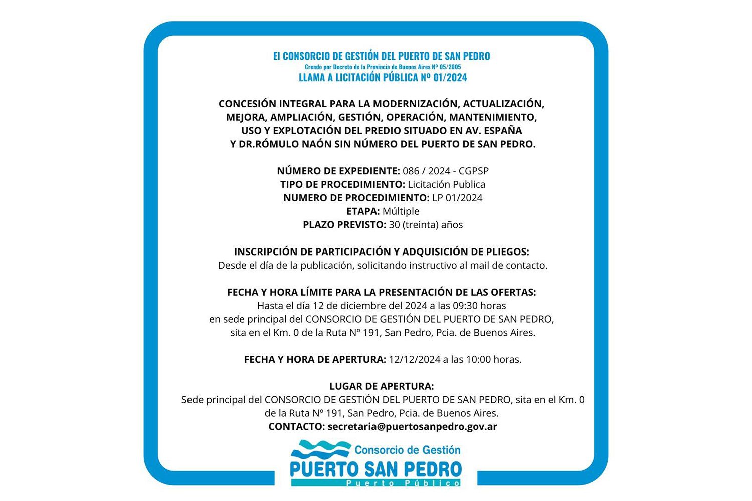 El Consorcio de Gestión del Puerto de San Pedro llama a licitación pública