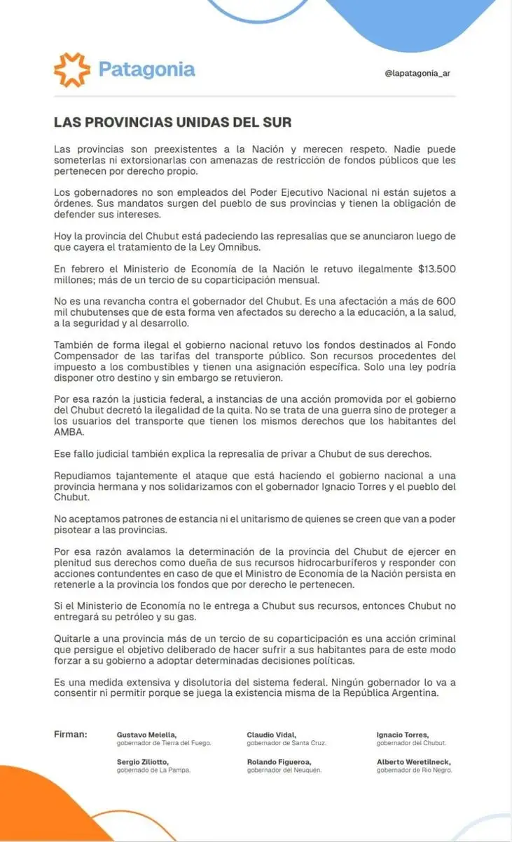 El comunicado de la provincia de Chubut.