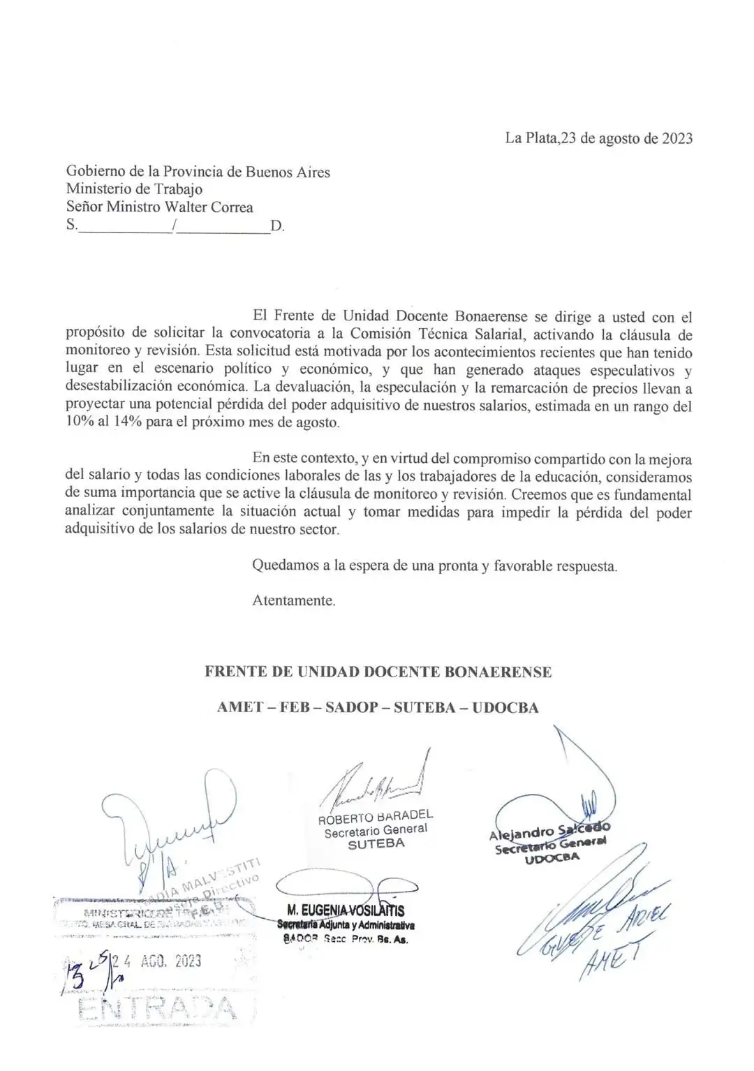Carta de la FUDB reclamando paritarias