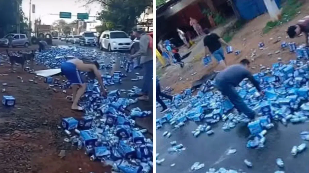 Vecinos aprovecharon el accidente para llevarse las latas de cerveza caídas del camión.
