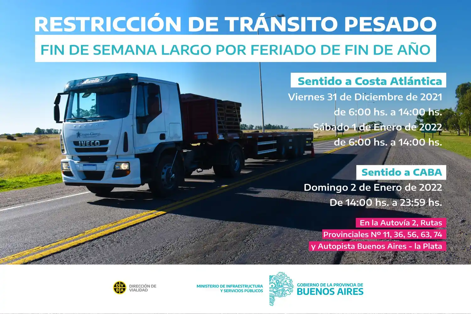 Año Nuevo: Restricción de camiones por la celebración en Provincia el 31 de diciembre y 1 y 2 de enero