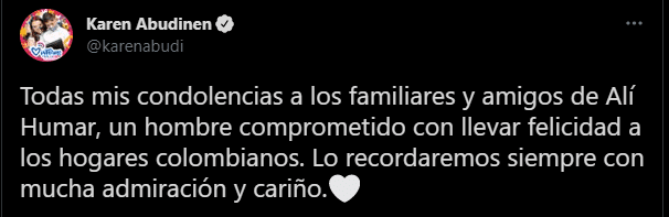 La ministra de Comunicaciones expresó el pesar por la partida de Alí Humar en Twitter.