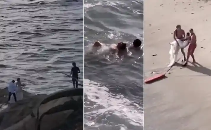 El momento en que una pareja de recién casados es tragada por una ola