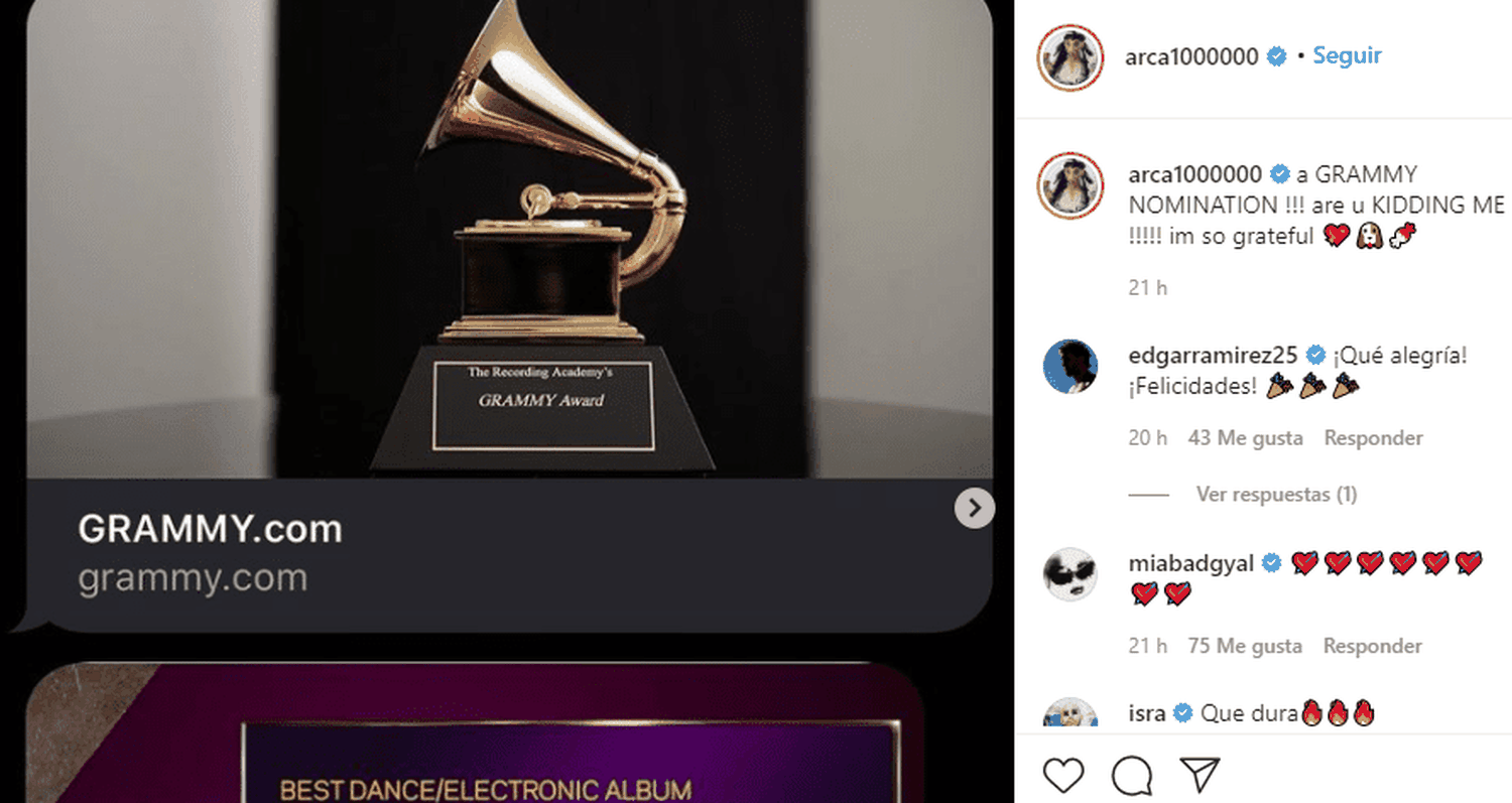 Arca agradeció la nominación. Foto: Instagram