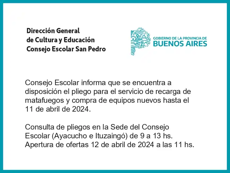 [Publicación Oficial] Consejo Escolar San Pedro: Pliegos disponibles