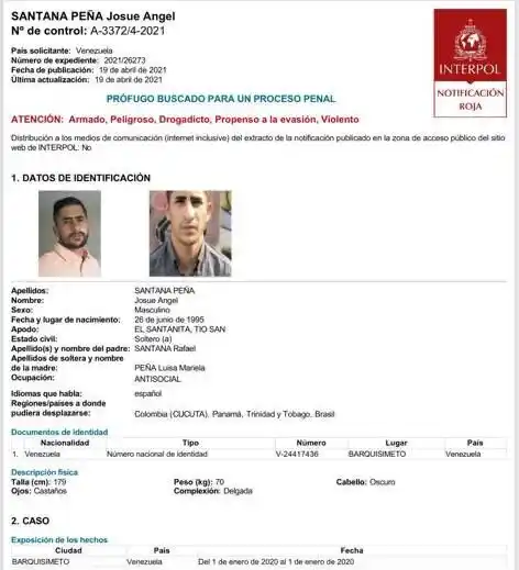 Ficha de Interpol de "El Santanita".