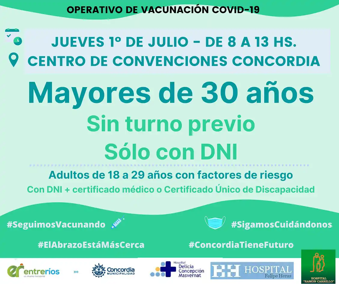 Vacunarán sin turno previo a mayores de 30 años