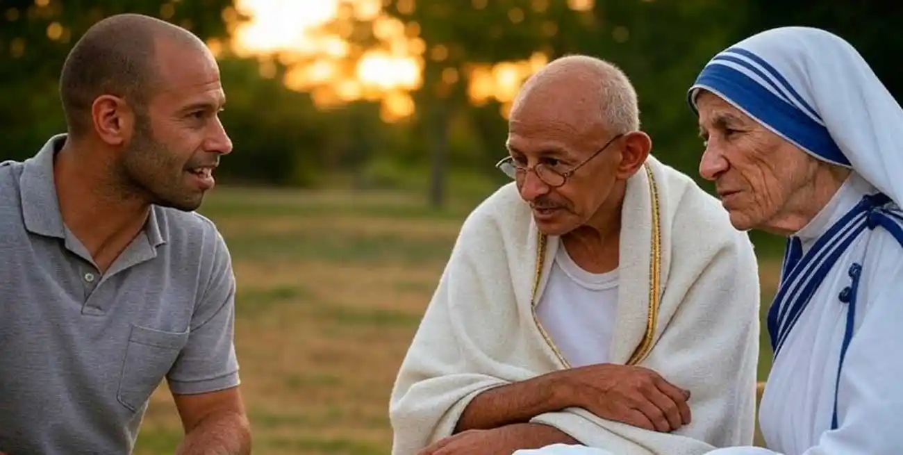 Mascherano compartiendo una charla con María Teresa de Calcuta y Mahatma Gandhi.