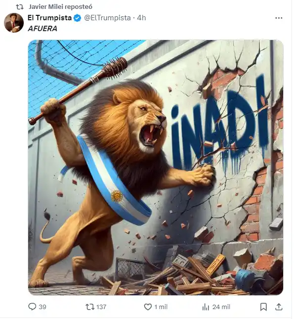 El post compartido por Javier Milei.