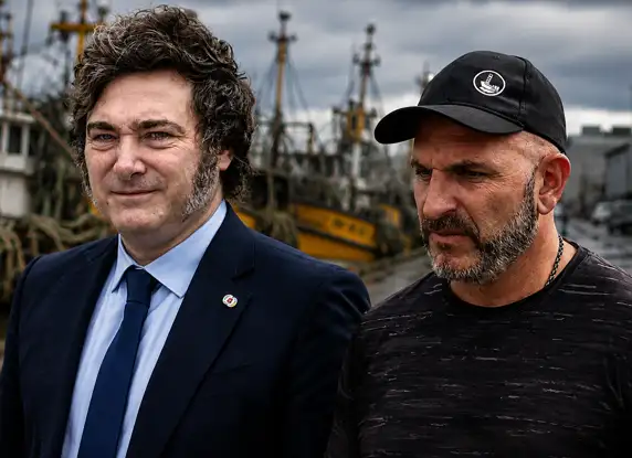 Imagen desarrollada con IA. Milei junto a Agliano en el puerto marplatense.