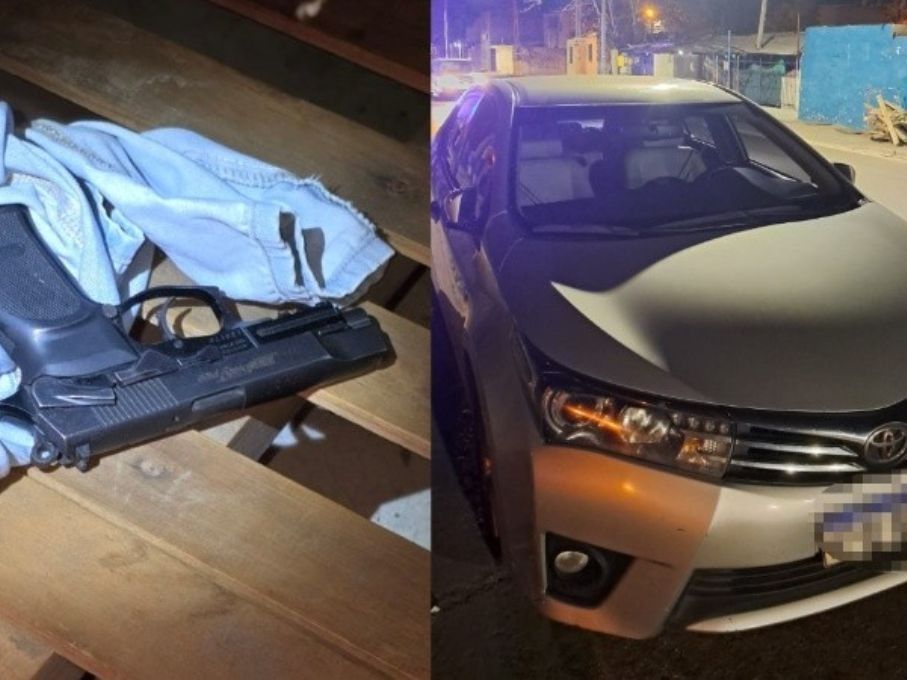 Arma incautada y un vehículo relacionado con los criminales