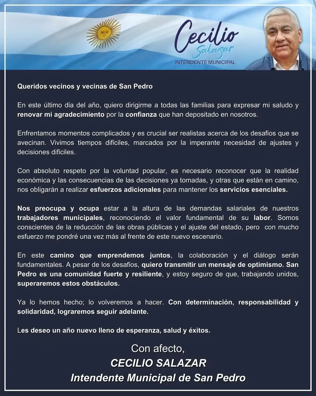 Mensaje fin de año 2023 Cecilio Salazar