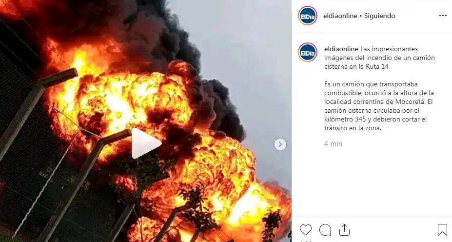 Imágenes impactantes: Así ardió el camión de combustible en plena Ruta 14