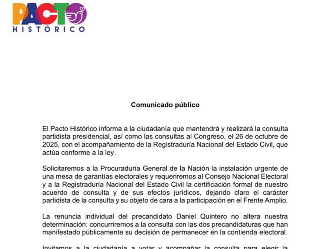 El Pacto Histórico de Petro confirma su consulta interna del 26 de octubre para definir candidato presidencial